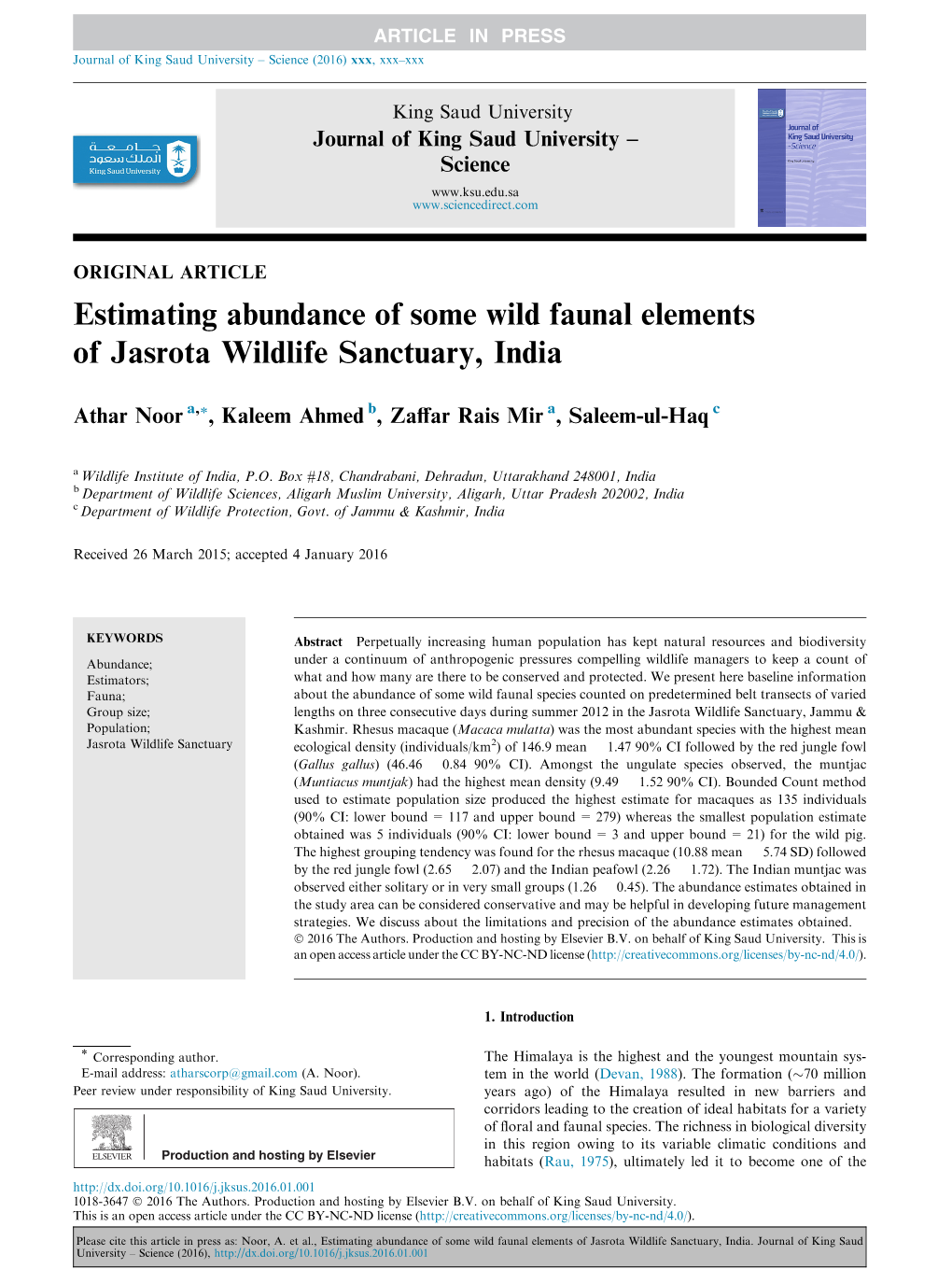 Estimating Abundance of Some Wild Faunal Elements of Jasrota Wildlife Sanctuary, India