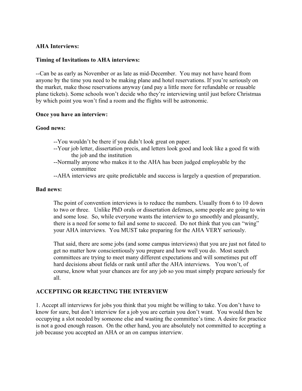 Timing of Invitations to AHA Interviews