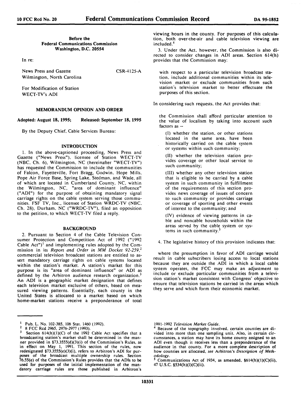 Federal Communications Commission Record DA 95-1852