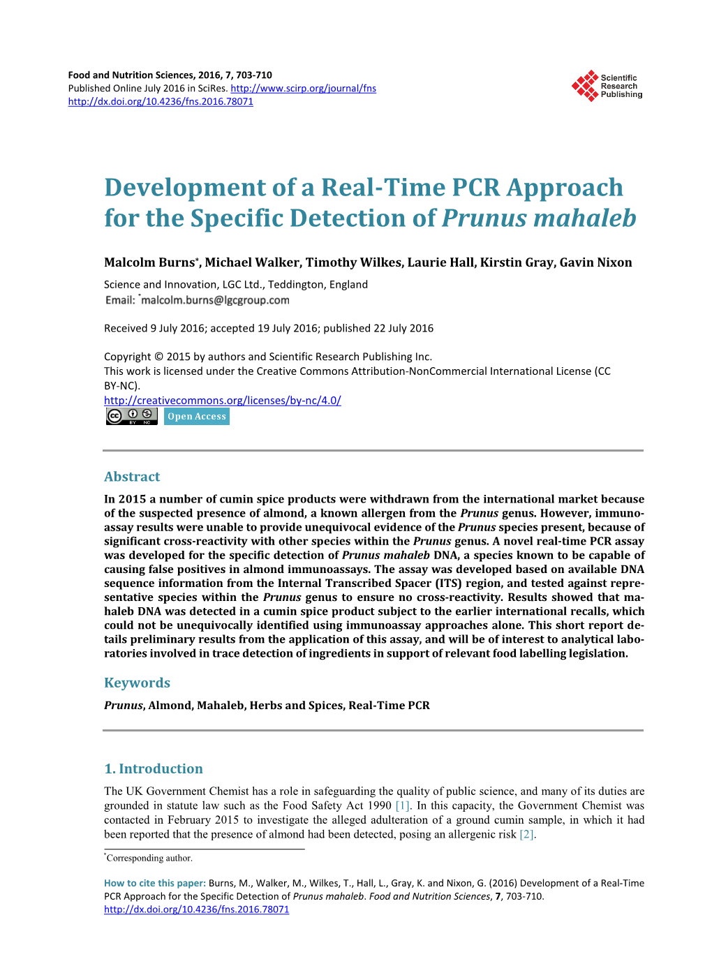 Development of a Real-Time PCR Approach for the Specific Detection of Prunus Mahaleb