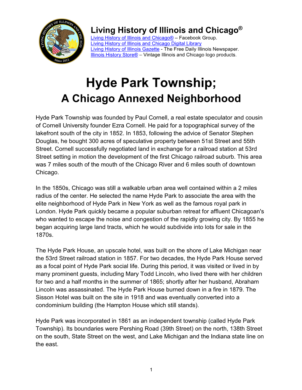 Hyde Park Township; Chicago Annexed Neighborhood