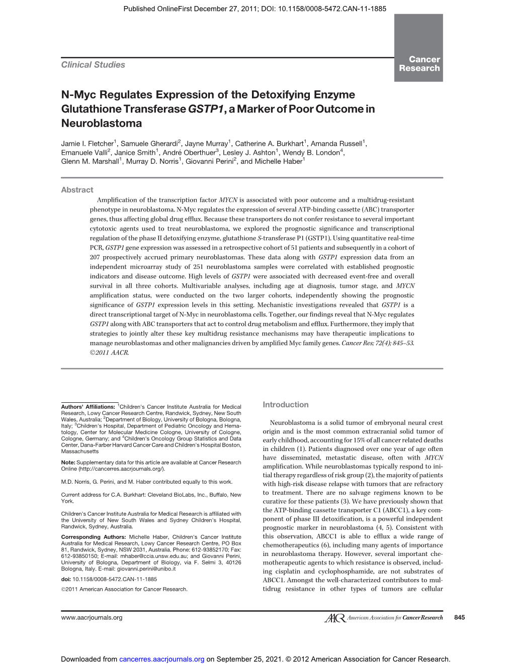 N-Myc Regulates Expression of the Detoxifying Enzyme Glutathione Transferase GSTP1, a Marker of Poor Outcome in Neuroblastoma