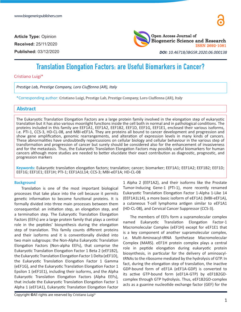 Translation Elongation Factors: Are Useful Biomarkers in Cancer? Cristiano Luigi*