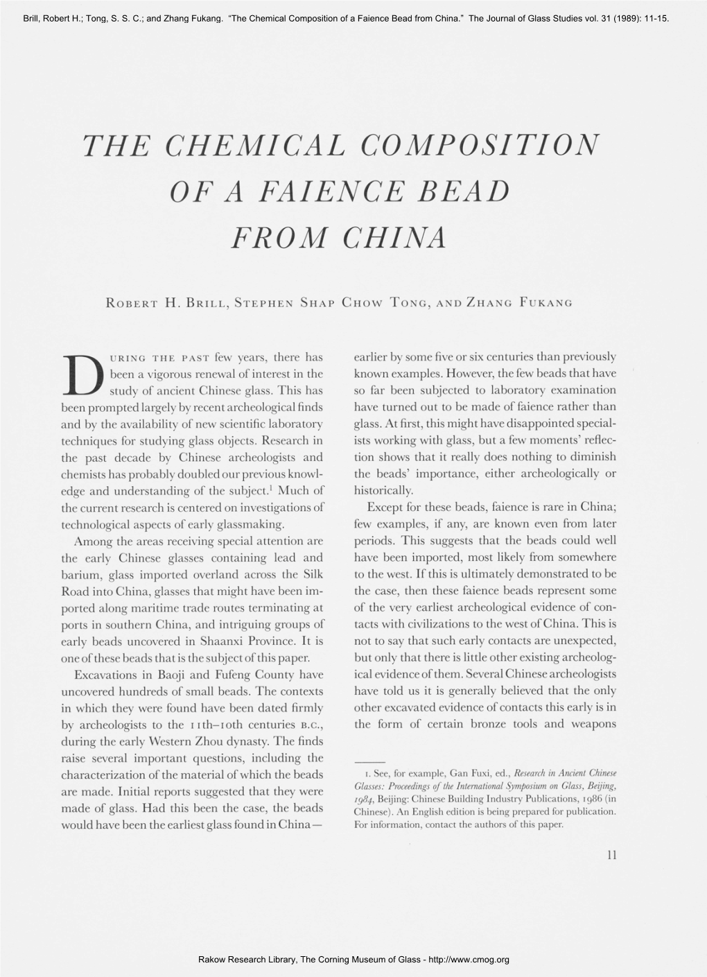 The Chemical Composition of a Faience Bead from China.” the Journal of Glass Studies Vol