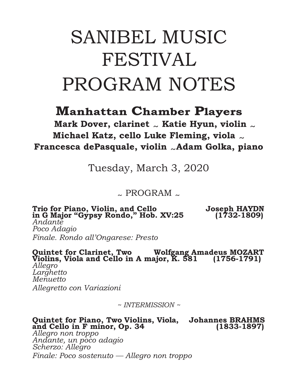 Sanibel Music Festival Program Notes