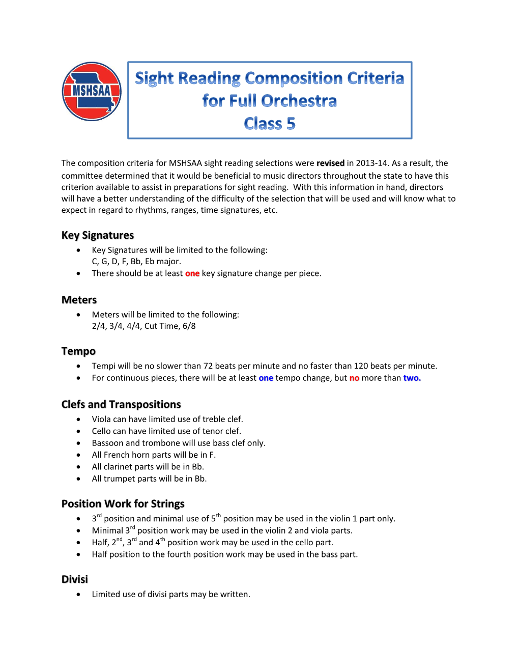 Key Signatures Meters Tempo Clefs and Transpositions Position Work for Strings Divisi