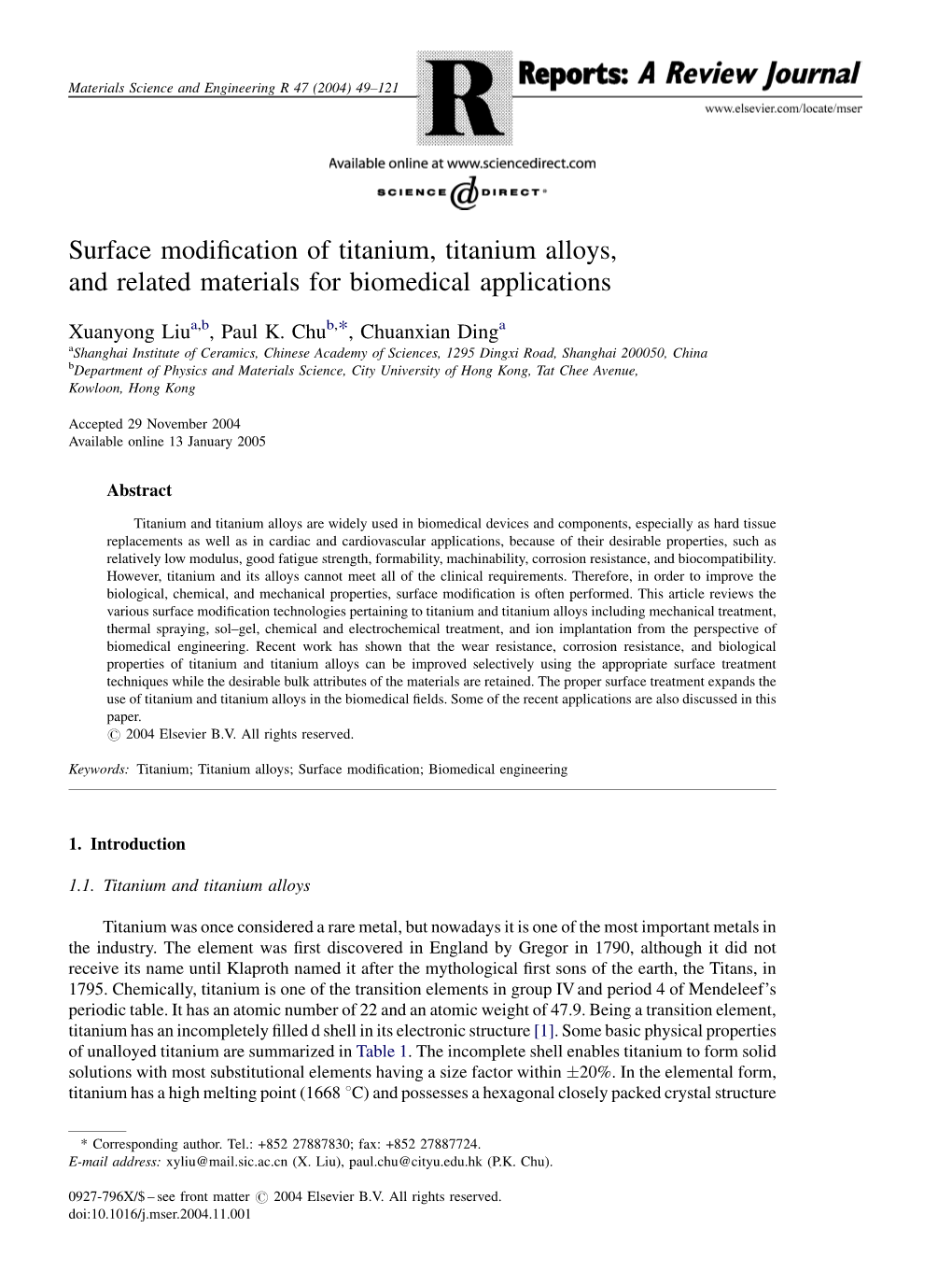 Surface Modification of Titanium, Titanium Alloys, and Related