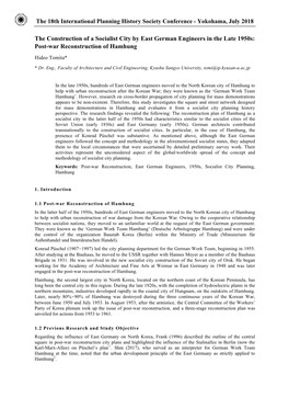 The Construction of a Socialist City by East German Engineers in the Late 1950S: Post-War Reconstruction of Hamhung