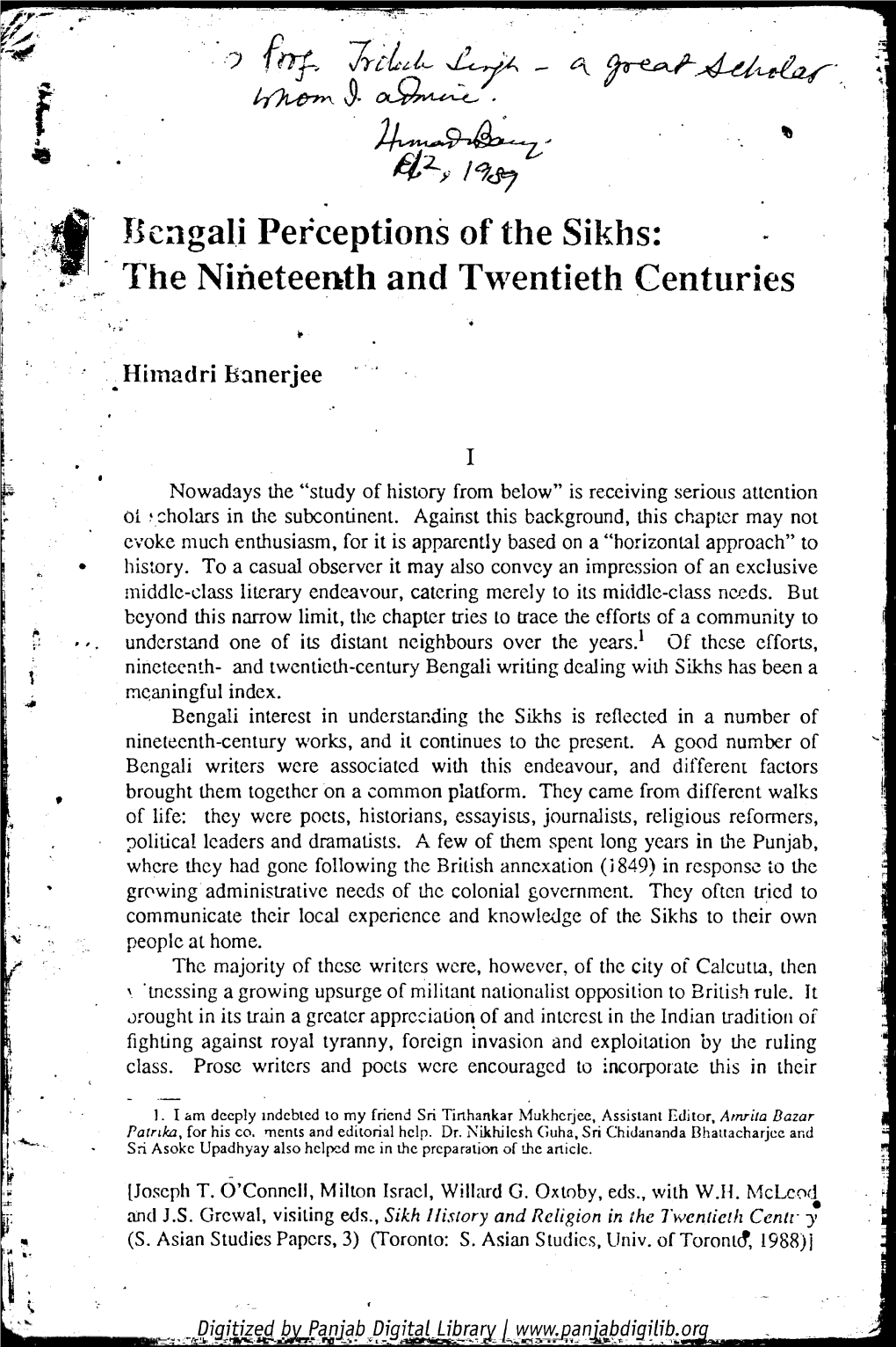 Bengali Perceptions of the Sikhs: the Nineteenth and Twentieth Centuries