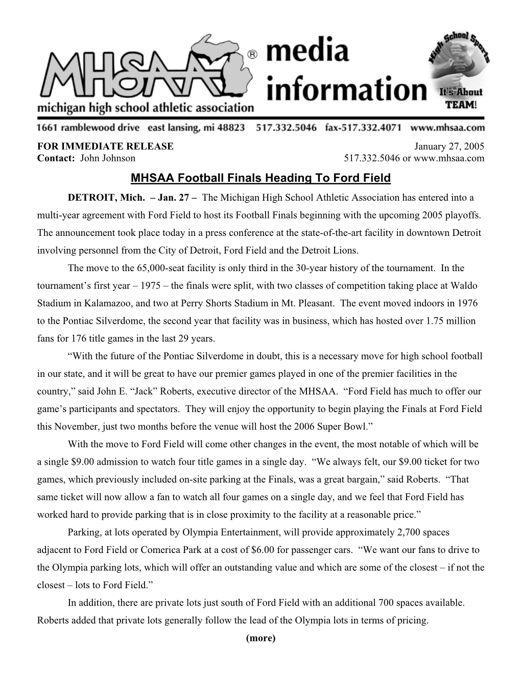 MHSAA Football Finals Heading to Ford Field