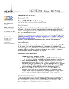 Public Health Advisory: Congenital Syphilis Case in Marin County(Link