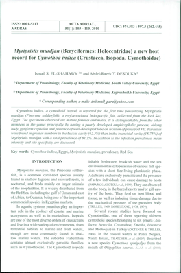 Myrípristis Murdjan (Beryciformes: Holocentridae) a New Host Record for Cymothoa Indica (Crustacea, Isopoda, Cymothoidae)