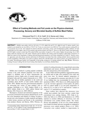 Effect of Cooking Methods and Fat Levels on the Physico-Chemical, Processing, Sensory and Microbial Quality of Buffalo Meat Patties