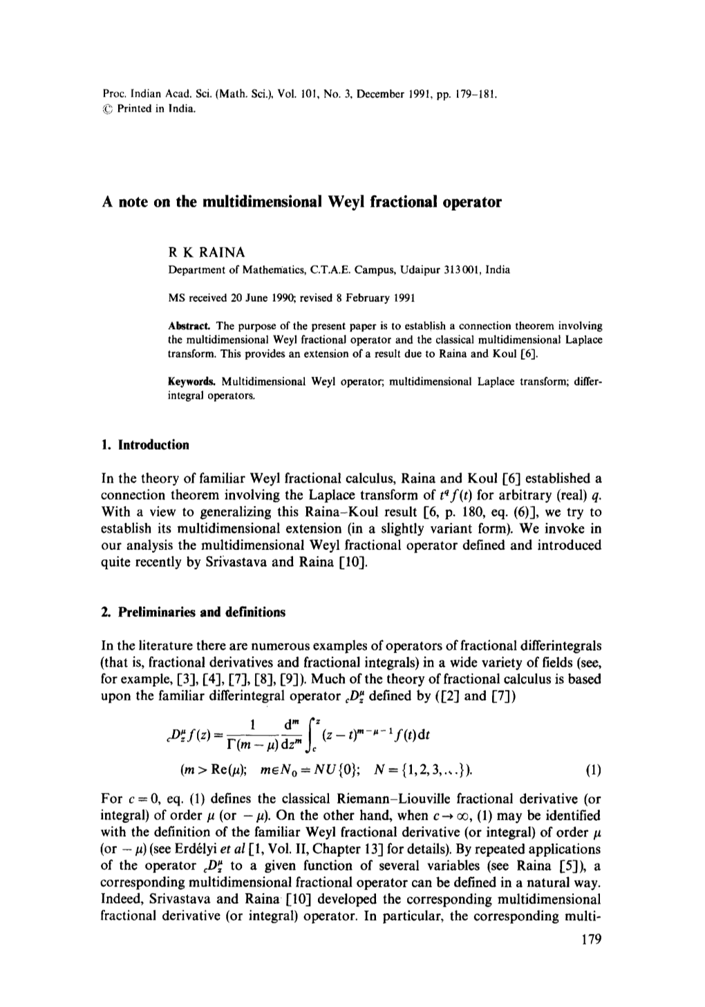 A Note on the Multidimensional Weyl Fractional Operator