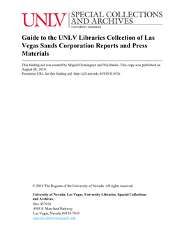Guide to the UNLV Libraries Collection of Las Vegas Sands Corporation Reports and Press Materials