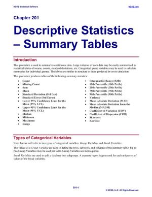 Descriptive Statistics – Summary Tables