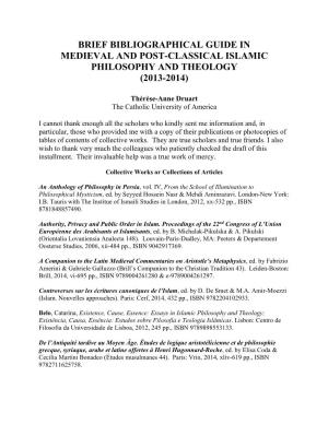Brief Bibliographic Guide in Medieval Islamic Philosophy and Theology