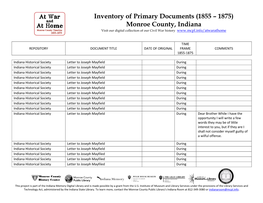 Inventory of Primary Documents (1855 – 1875) Monroe County, Indiana Visit Our Digital Collection of Our Civil War History