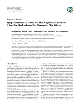 Research Article Sympathomimetic Activity of a Hoodia Gordonii Product: a Possible Mechanism of Cardiovascular Side Effects
