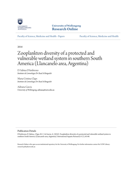 Zooplankton Diversity of a Protected and Vulnerable Wetland System in Southern South America (Llancanelo Area, Argentina) D