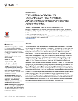 Transcriptome Analysis of the Chrysanthemum Foliar Nematode, Aphelenchoides Ritzemabosi (Aphelenchida: Aphelenchoididae)