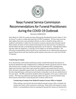 Texas Funeral Service Commission Recommendations for Funeral Practitioners During the COVID-19 Outbreak Revision 04062020