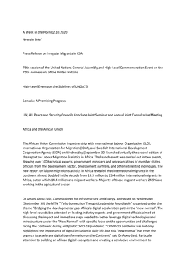 A Week in the Horn 02.10.2020 News in Brief Press Release on Irregular Migrants in KSA 75Th Session of the United Nations Genera