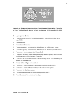 Agenda for the Annual Meeting of the Chaplaincy and Association Cultuelle of Holy Trinity Church, Nice to Be Held in Church at 12.30Pm on 26 July 2020