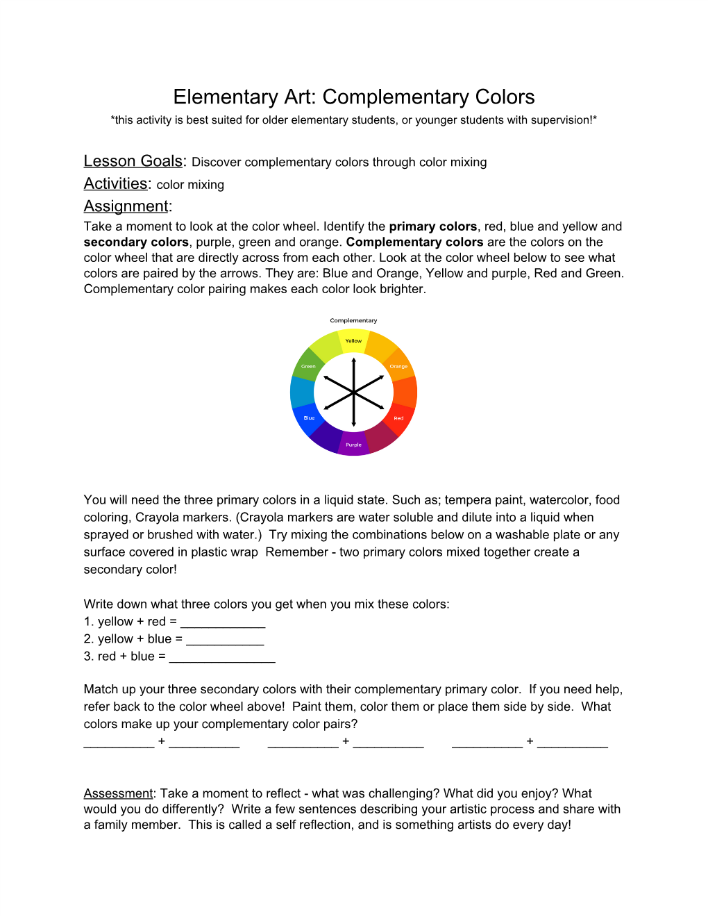 Elementary Art: Complementary Colors *This Activity Is Best Suited for Older Elementary Students, Or Younger Students with Supervision!*