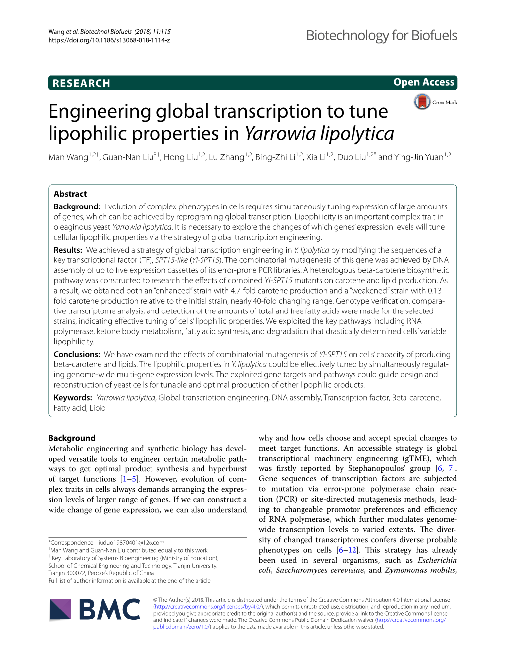 Engineering Global Transcription to Tune Lipophilic Properties in Yarrowia Lipolytica