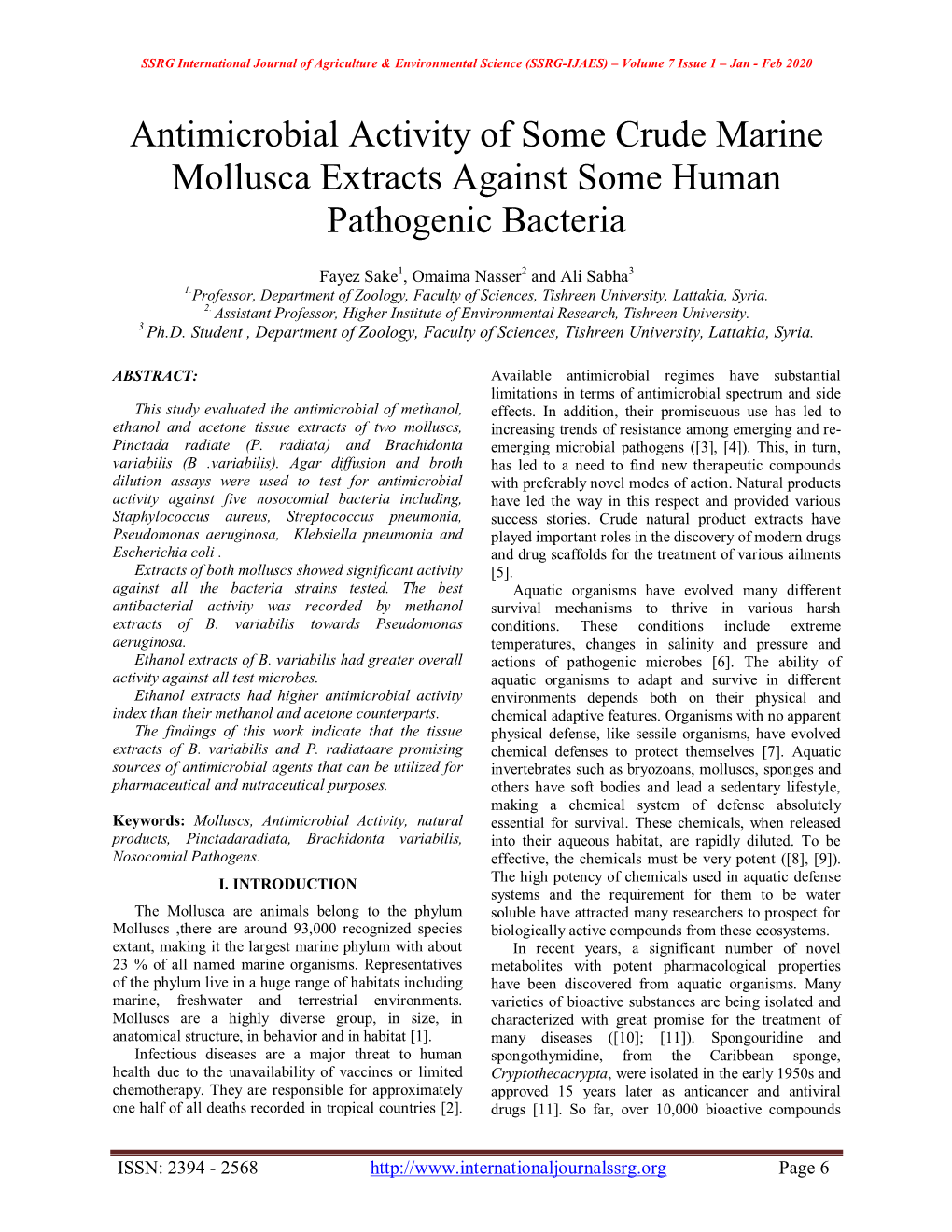 Antimicrobial Activity of Some Crude Marine Mollusca Extracts Against Some Human Pathogenic Bacteria