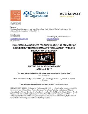 Full Casting Announced for the Philadelphia Premiere of Roundabout Theatre Company’S Tony Award® -Winning Production of Cabaret