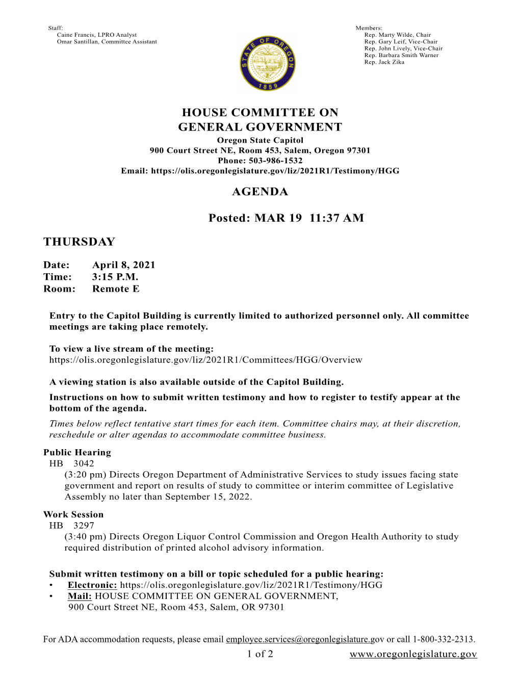 HOUSE COMMITTEE on GENERAL GOVERNMENT AGENDA Posted