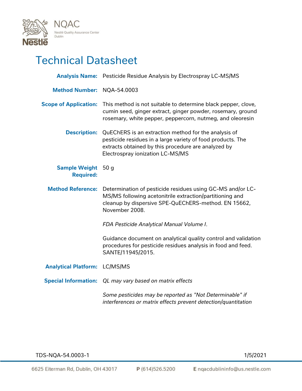 NQA-54.0003 – Pesticide Residue Analysis by Electrospray LC-MS/MS