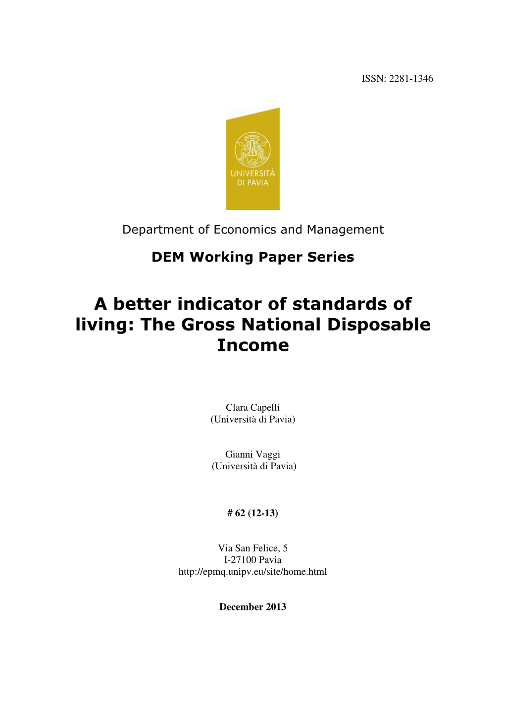 A Better Indicator of Standards of Living: the Gross National Disposable Income