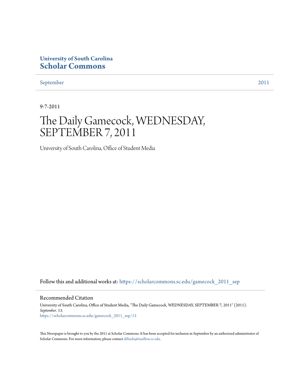 The Daily Gamecock, WEDNESDAY, SEPTEMBER 7, 2011