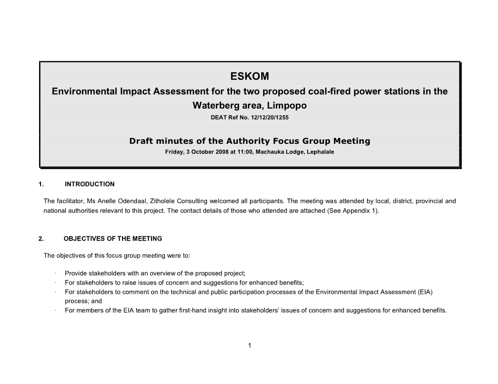 Environmental Impact Assessment for the Two Proposed Coal-Fired Power Stations in the Waterberg Area, Limpopo DEAT Ref No