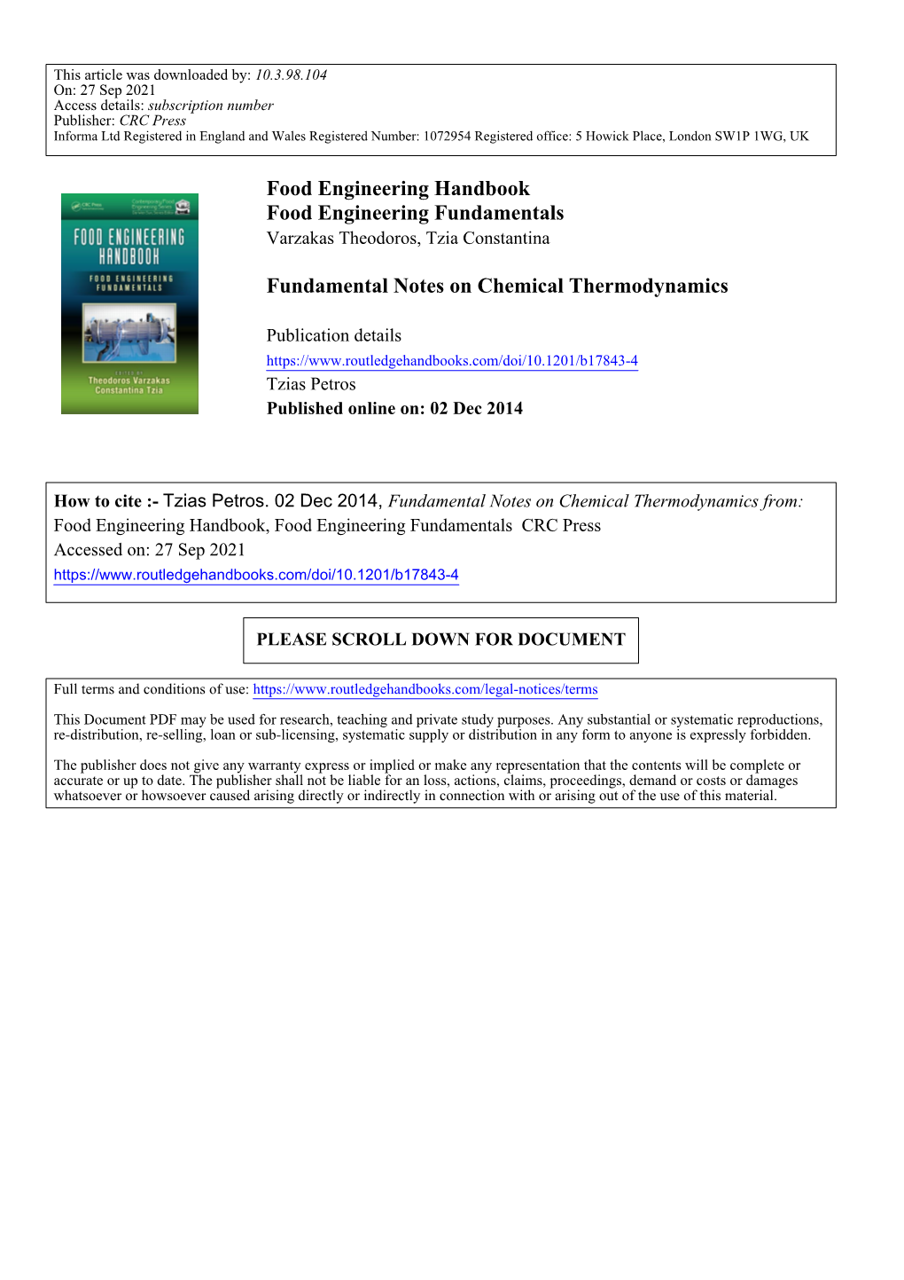 Food Engineering Handbook Food Engineering Fundamentals Varzakas Theodoros, Tzia Constantina