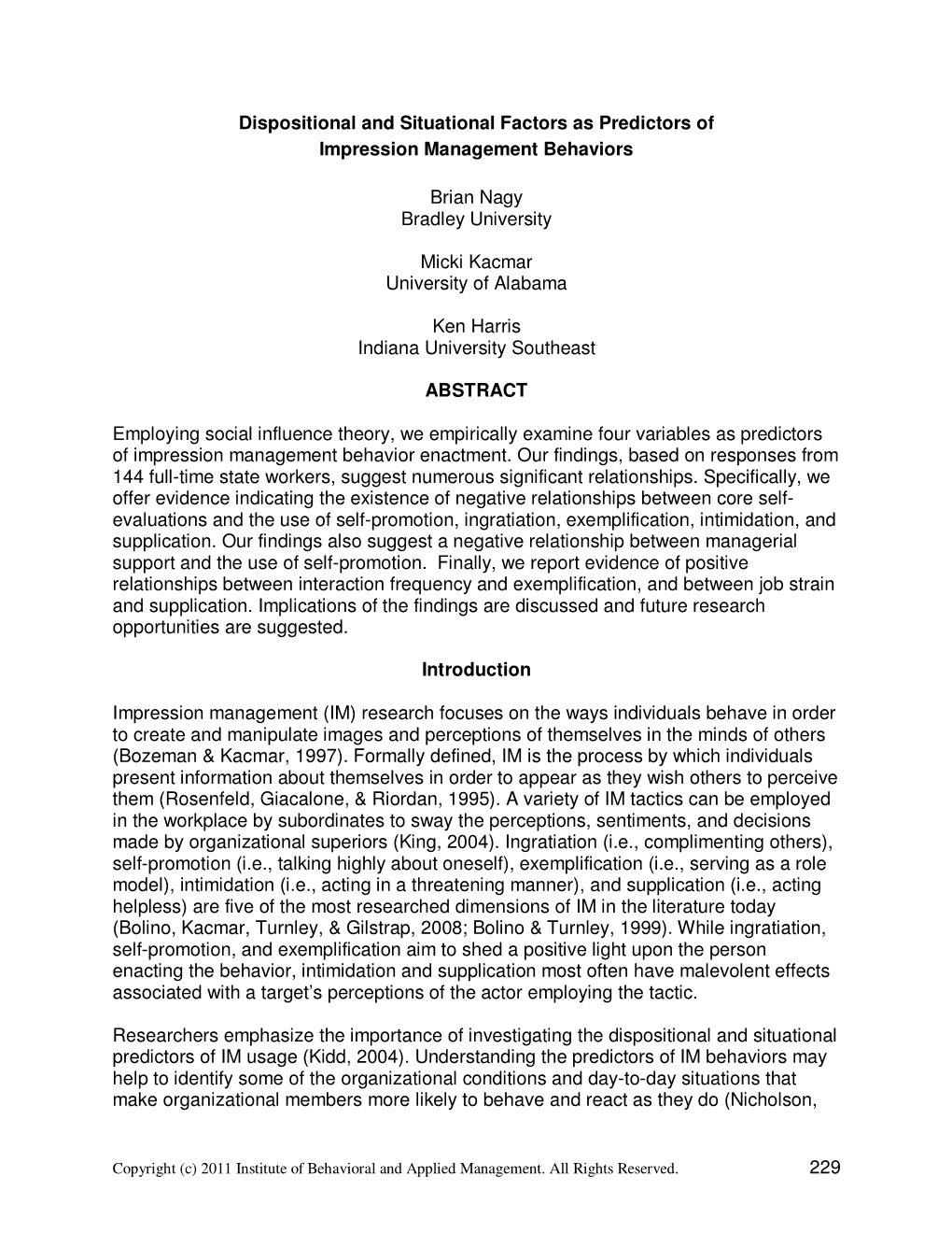 229 Dispositional and Situational Factors As Predictors of Impression