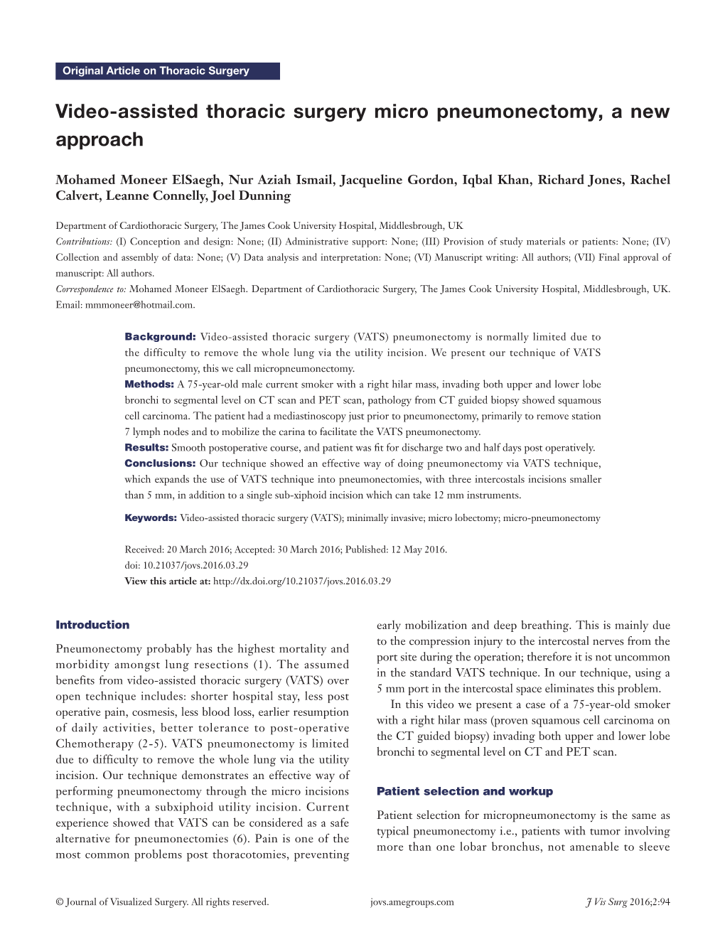 Video-Assisted Thoracic Surgery Micro Pneumonectomy, a New Approach