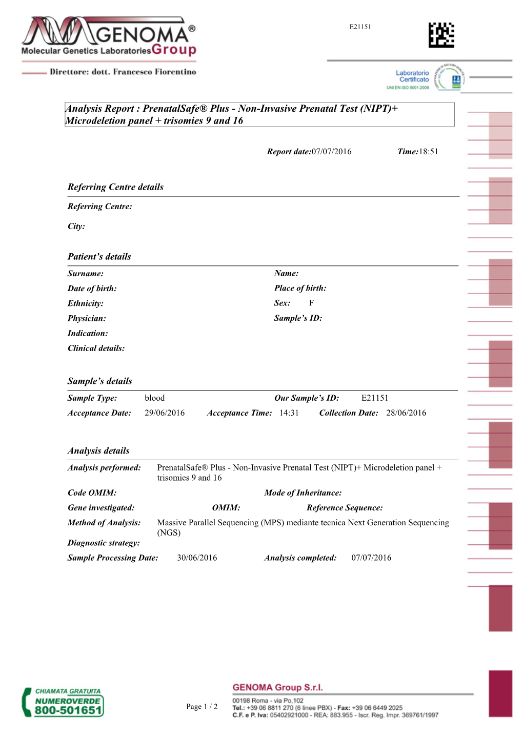 Non-Invasive Prenatal Test (NIPT)+ Microdeletion Panel + Trisomies 9 and 16