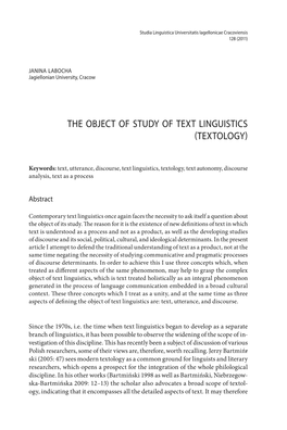 The Object of Study of Text Linguistics (Textology)