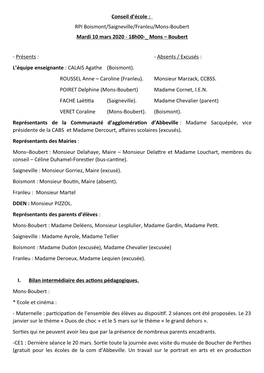 Conseil D'école : RPI Boismont/Saigneville/Franleu/Mons