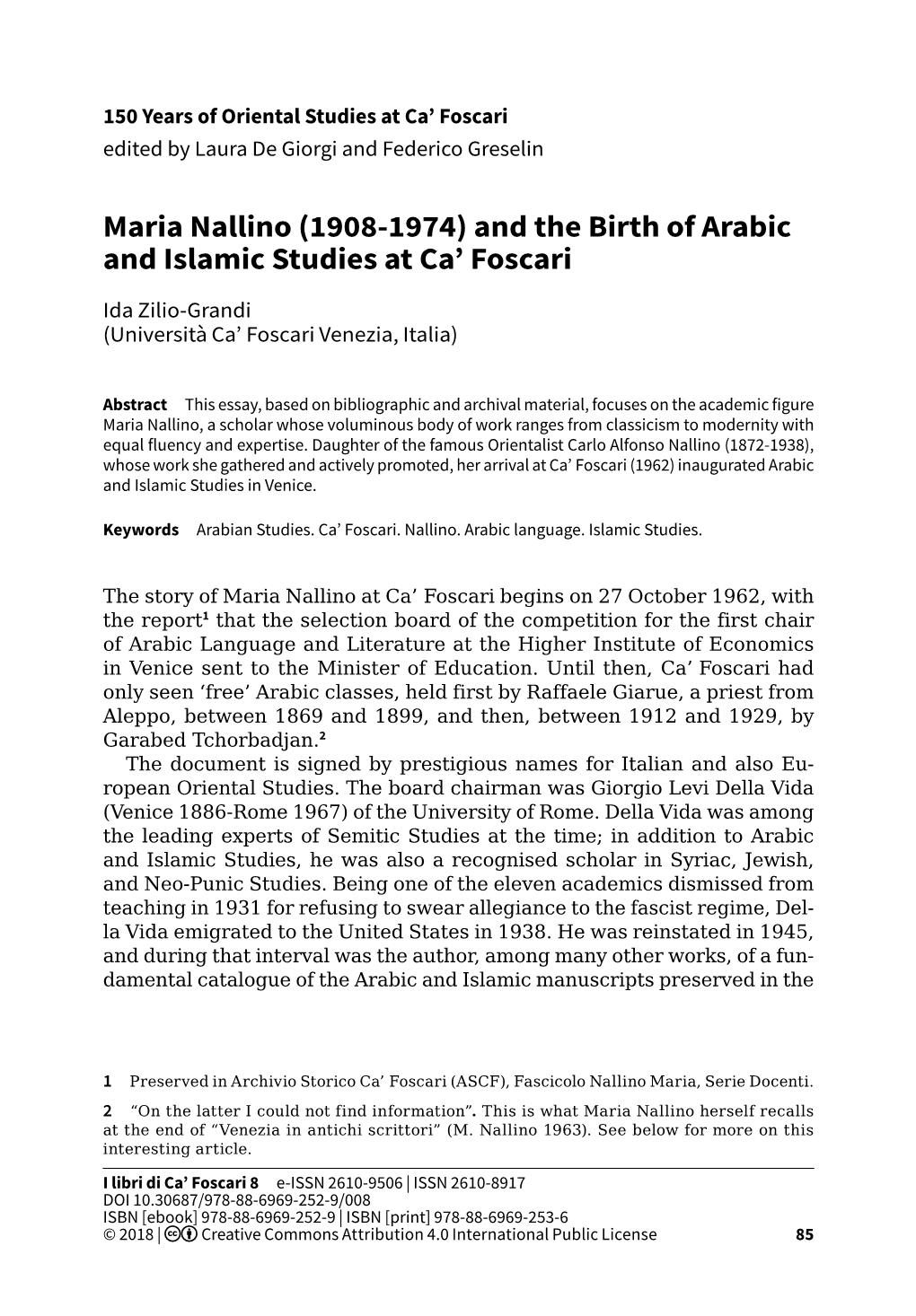 Maria Nallino (1908-1974) and the Birth of Arabic and Islamic Studies at Ca’ Foscari