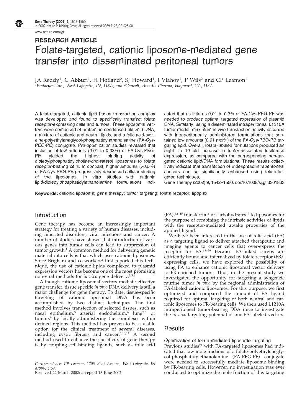 Folate-Targeted, Cationic Liposome-Mediated Gene Transfer Into Disseminated Peritoneal Tumors