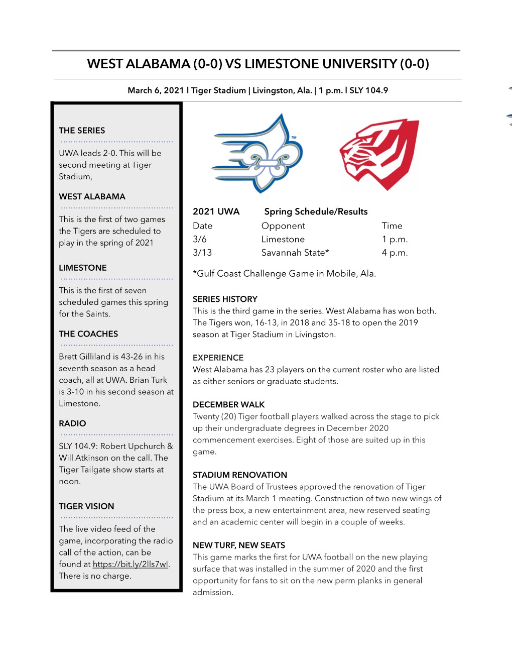 West Alabama (0-0) Vs Limestone University (0-0)