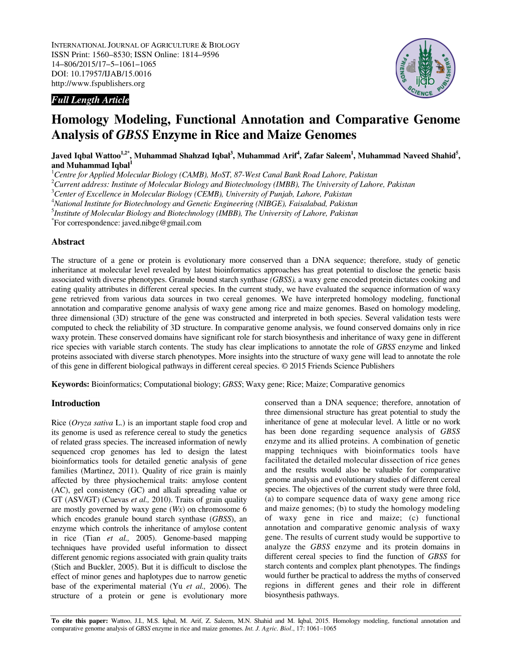 Homology Modeling, Functional Annotation and Comparative Genome Analysis of GBSS Enzyme in Rice and Maize Genomes