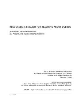 RESOURCES in ENGLISH for TEACHING ABOUT QUÉBEC