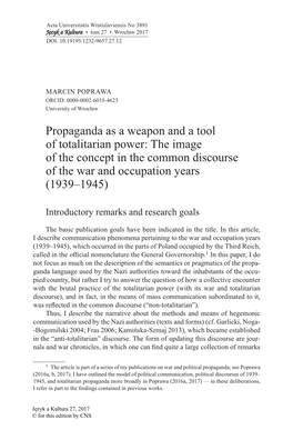 Propaganda As a Weapon and a Tool of Totalitarian Power: the Image of the Concept in the Common Discourse of the War and Occupation Years (1939–1945)