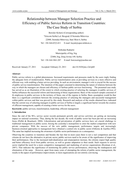 Relationship Between Manager Selection Practice and Efficiency of Public Service Reform in Transition Countries: the Case Study of Serbia
